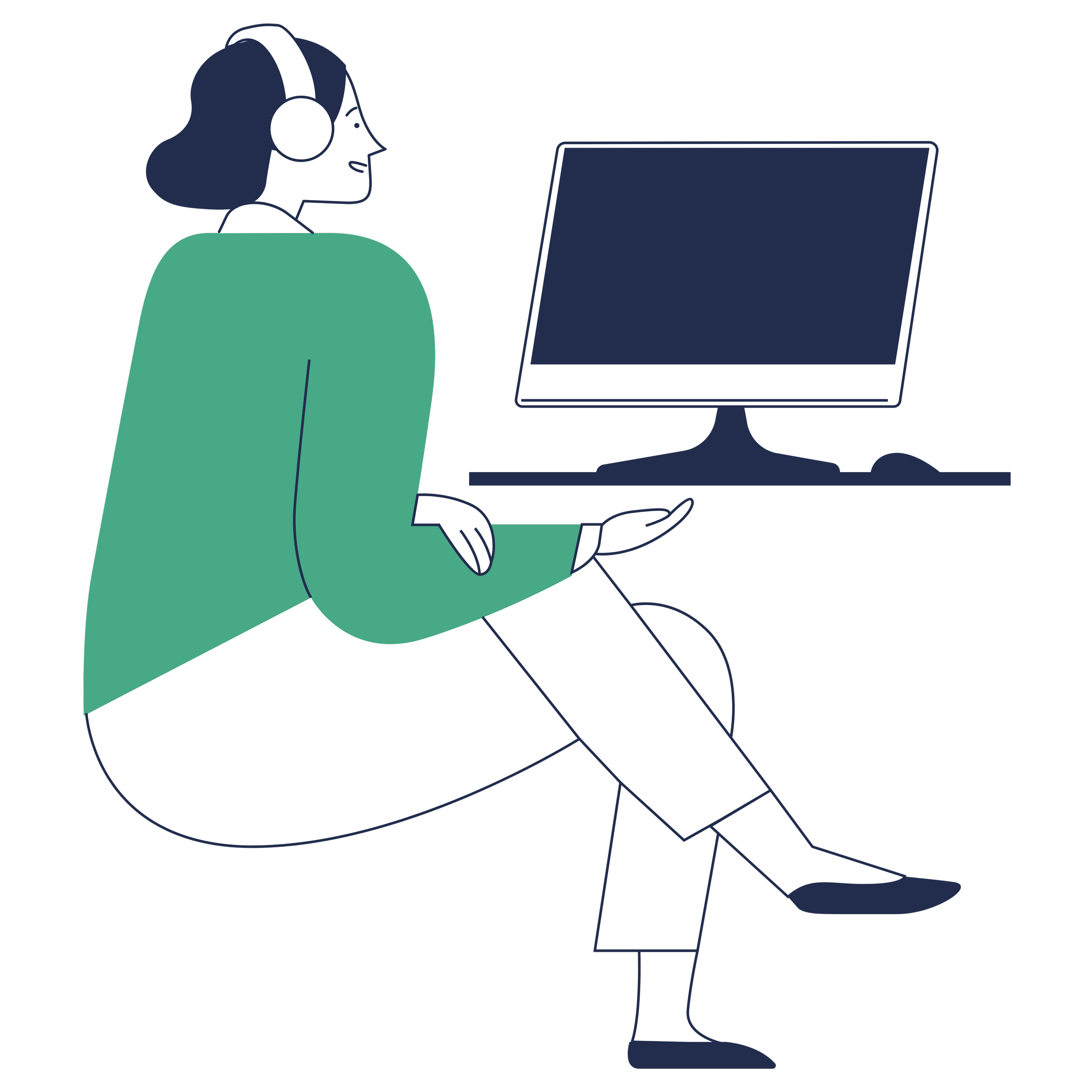 Illustration of a woman with headphones sitting cross-legged, working on a computer at a desk.