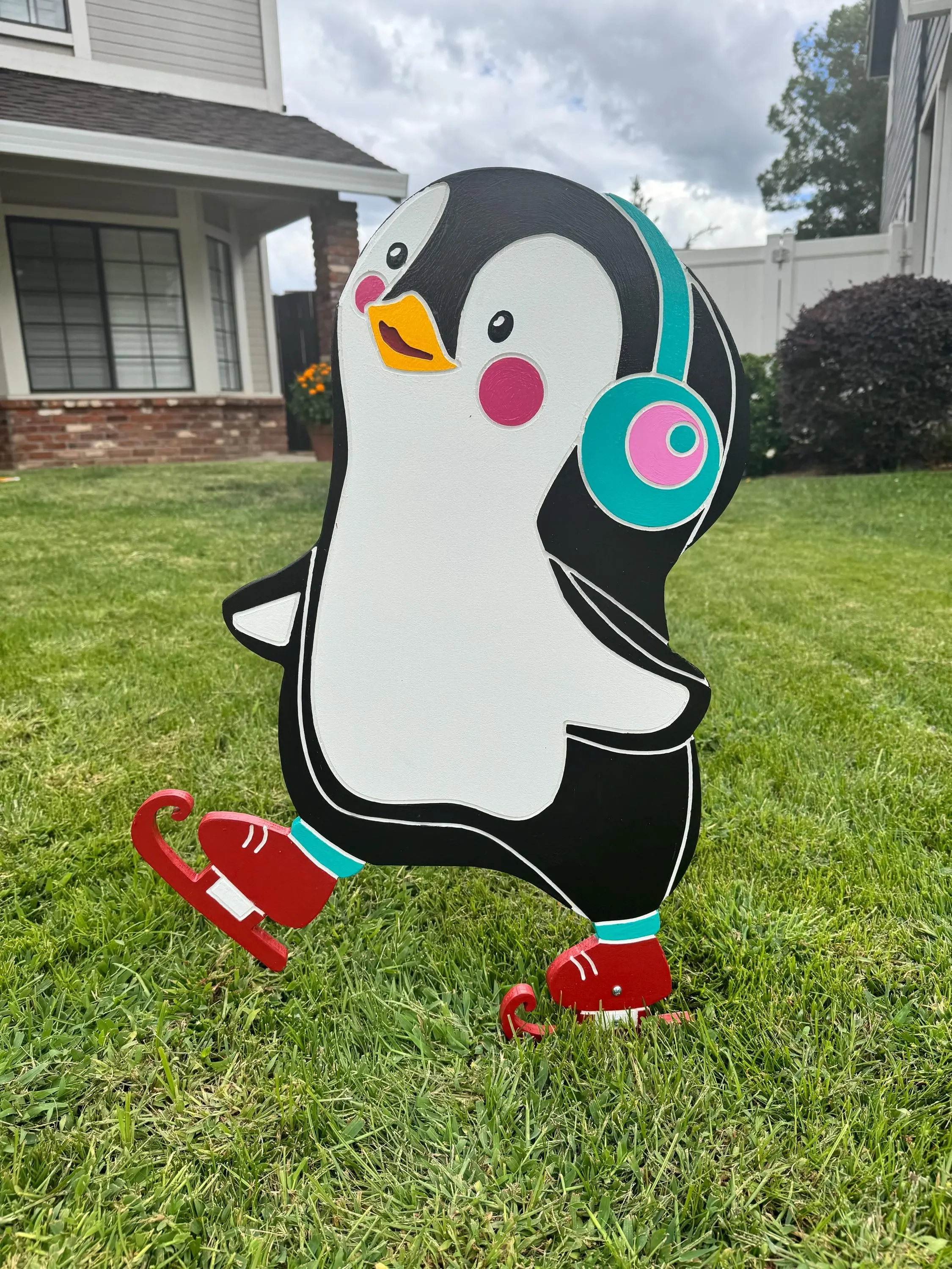 Ice Skating Penguin with Headphones – Winter Holiday Yard Art