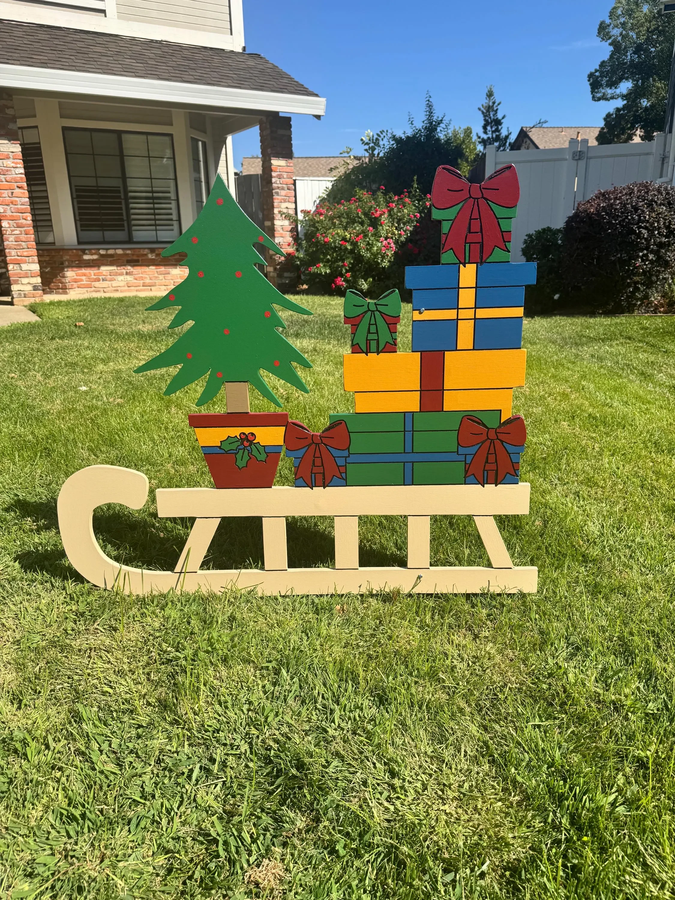 Rustic Christmas Sleigh – Stacked with Presents & Tree – Holiday Yard Art