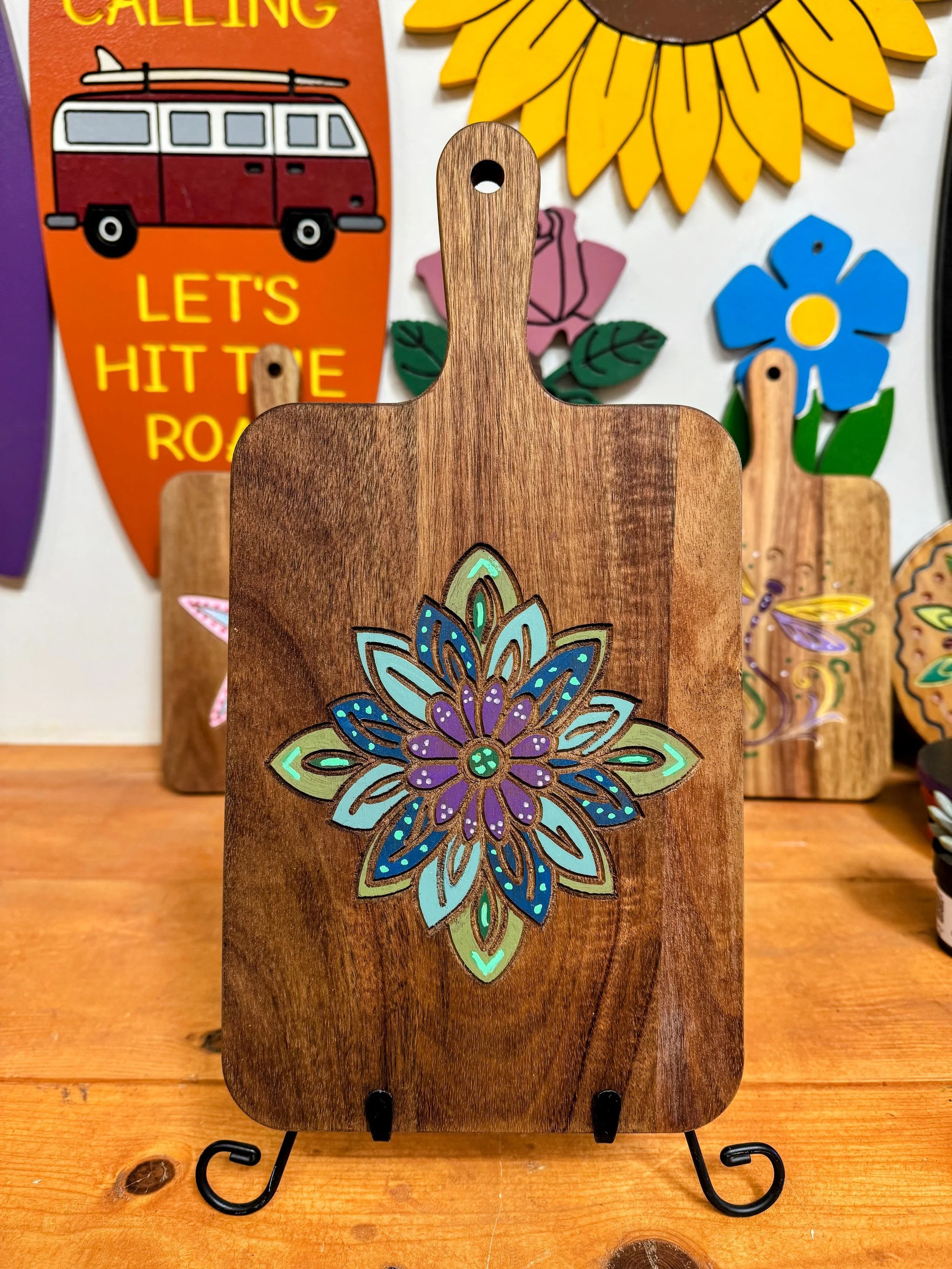 Decorative Lotus Bloom Acacia Cutting Board | Engraved Wood Board | Boho Floral Paint Project | DIY Craft Kit | Workshop Project