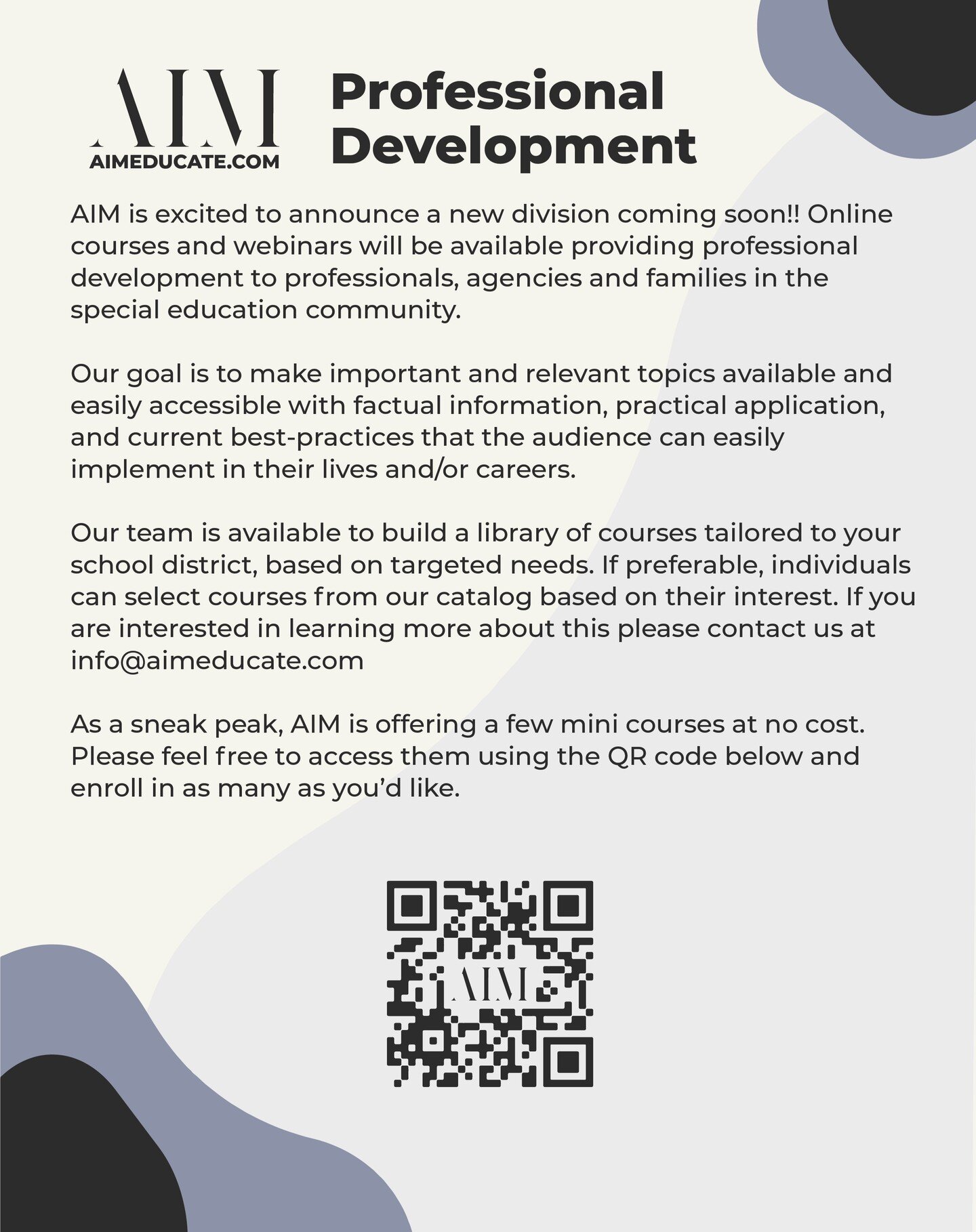 AIM is excited to announce a new division coming soon! These online courses make important and relevant topics available and easily accessible with factual information, practical application, and current best-practices that can be implemented into th
