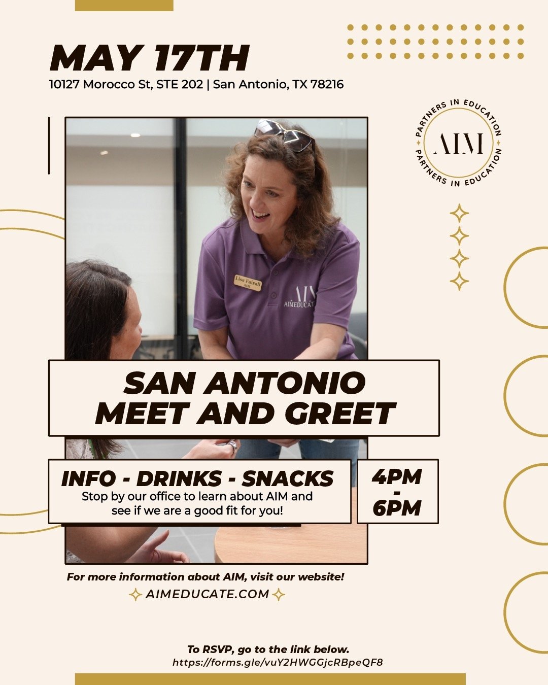 On May 17th, AIM will be hosting meet and greets in both San Antonio, and Austin! Come stop by and learn about your potential career at AIM! To RSVP, use the links on the flyers posted below! #aim #aimeducate #hiring #meetandgreet #schoolpsychology #