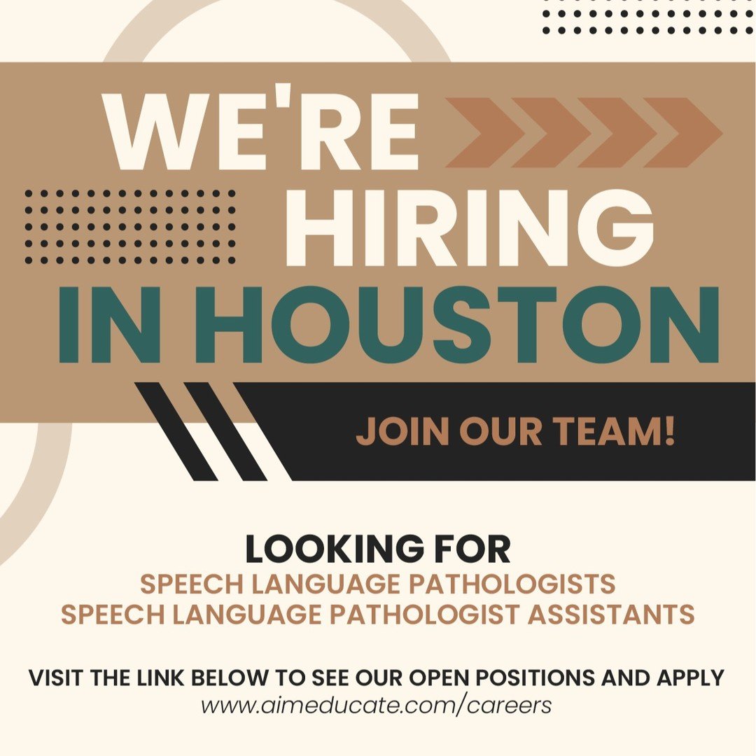 AIM is hiring in Houston! If you or anyone you know is a SLP, or SLPA, visit the link below to see our open positions and apply!
www.aimeducate.com/careers 
#AIM #AimEducate #SLP #speechpathology #hiring #SpecialEducation #SLPA #assistant #houstontx 