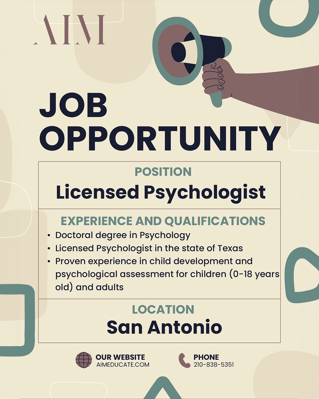 AIM is now hiring for a Licensed Psychologist in San Antonio! We're also hiring for Physical Therapy Assistants in Austin! Come take the leap of faith and join our AIM-azing team! #aim #aimeducate #schoolpsychologist #psychology #hiring #texas #speci
