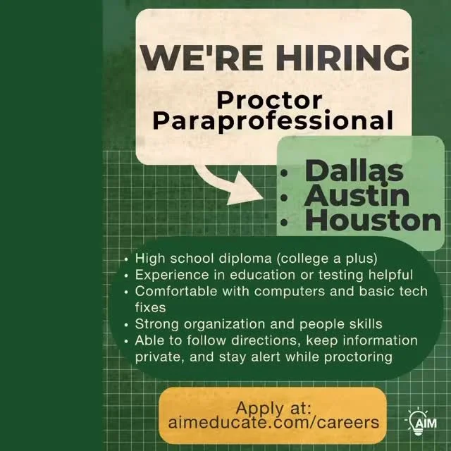 🚨 Dallas • Austin • Houston 🚨
We’re hiring Proctors & Paraprofessionals to join our team!
✅ Flexible work
✅ Make extra income
✅ No teaching degree required
✅ Perfect for college students, retired educators, or anyone looking f
