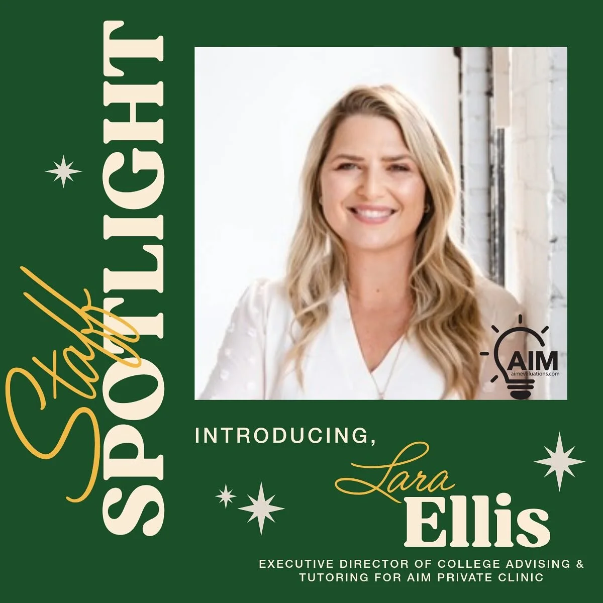 Meet Lara Ellis, Executive Director of College Advising and Tutoring for AIM Educate.

Lara leads our efforts to bring high-impact college readiness programs directly into schools like our SAT Bootcamp, designed to help campuses strengthen CCMR outco