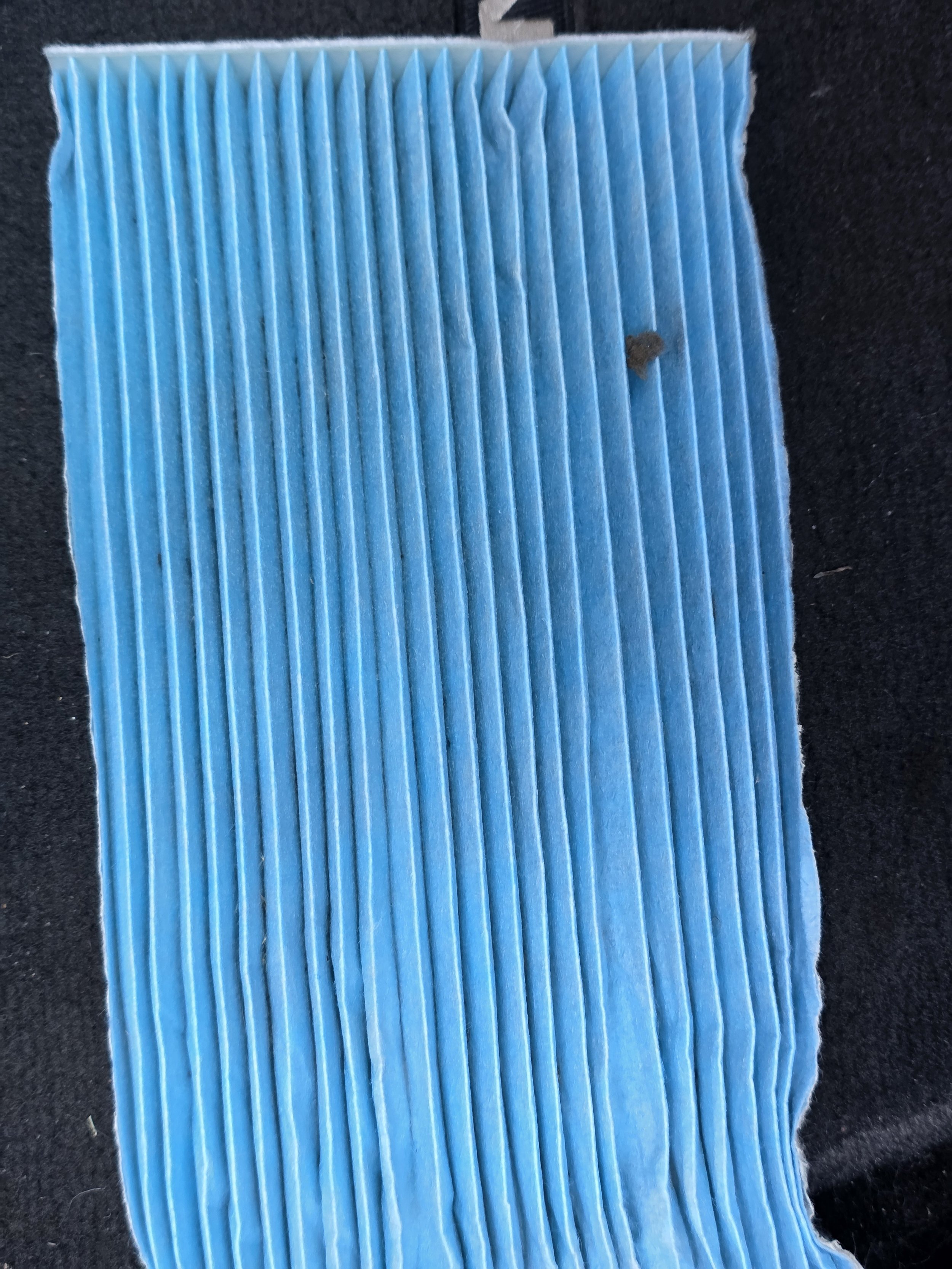 Close-up of a blue pleated air filter with a small dark speck on the surface.