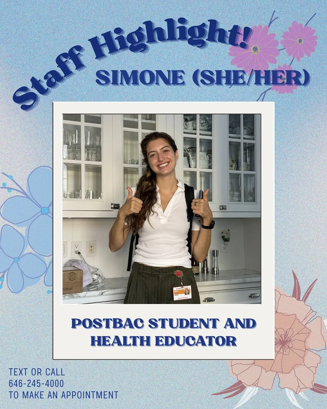 Meet Simone! One of our lovely health educators ✨

Simone, she/her, holds her B.A. in Social Studies and is currently a Postbac Premed Student at Columbia!

The people were what drew her to Project STAY - in addition to the meaningful mission, it was
