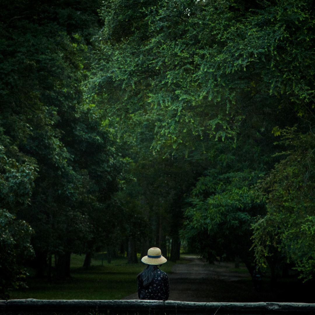 A woman with long dark hair wearing a wide-brimmed hat and dark clothing, sitting on a wooden fence, looking into a lush green forest.