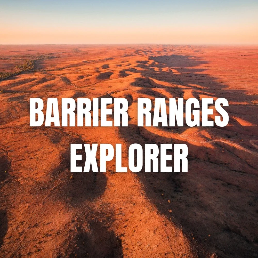 Aerial view of a red mountainous range with Barrier Ranges Explorer written over the top in white, bold text.