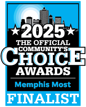 Badge for the 2025 Official Community's Choice Awards, Memphis Most Finalist, featuring a city skyline and stars.