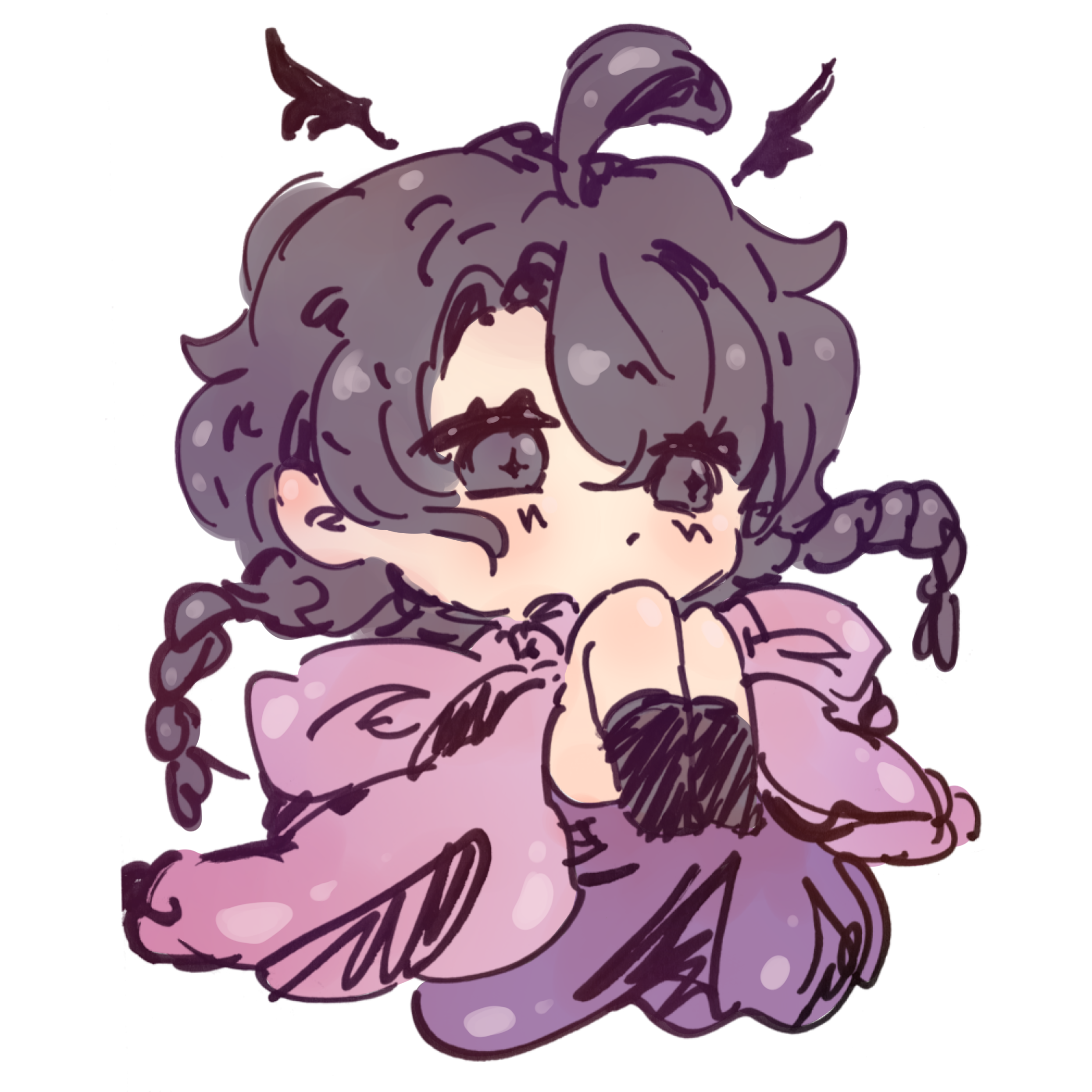 A cute, chibi-style drawing of a character with curly hair, large eyes, and wearing a pinkish-purple dress, sitting with knees drawn up.