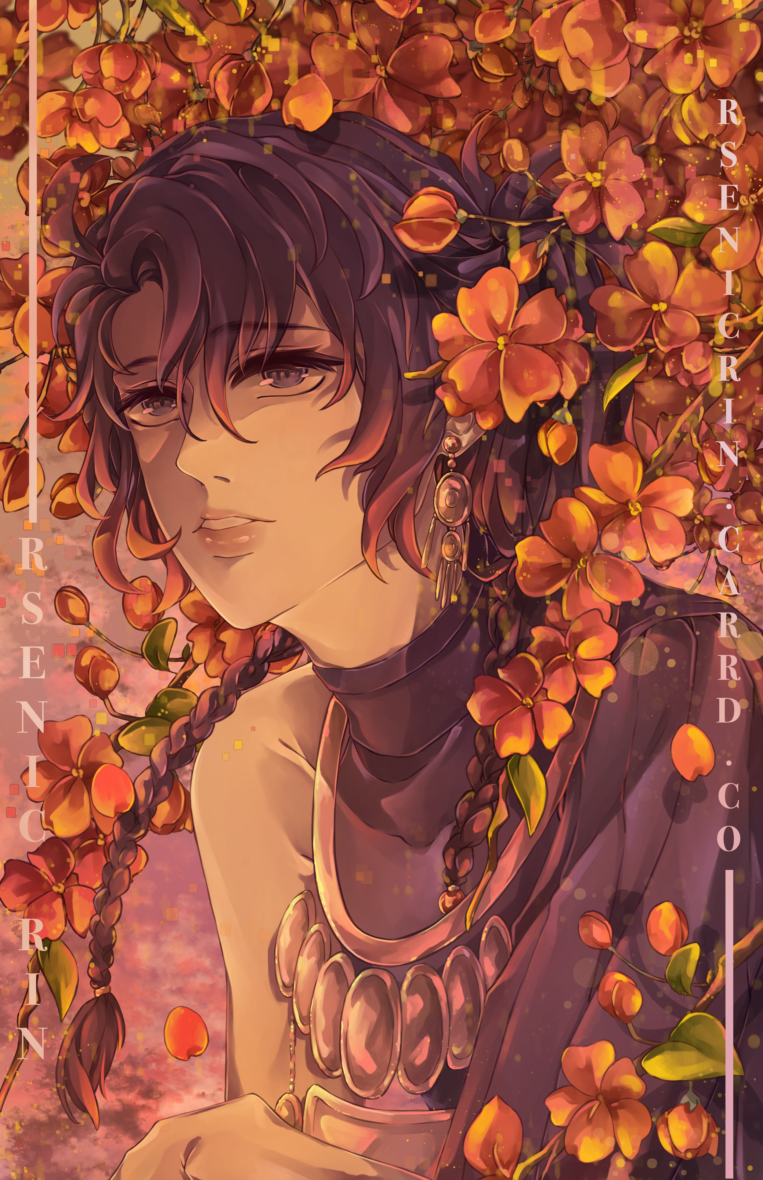 An anime-style character with dark wavy hair and braids, adorned with orange flowers and jewelry, smiling against a background of orange flowers.