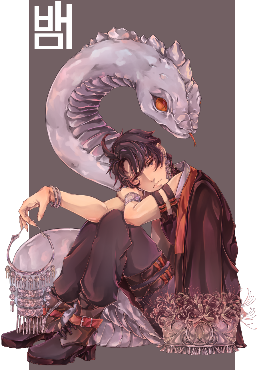 A digital illustration of a young man with dark hair and a snake, sitting with his knees up and resting his head on his arm. The snake has a large, coiled body with scales and a head with orange eyes, positioned behind the young man. He has jewelry, 