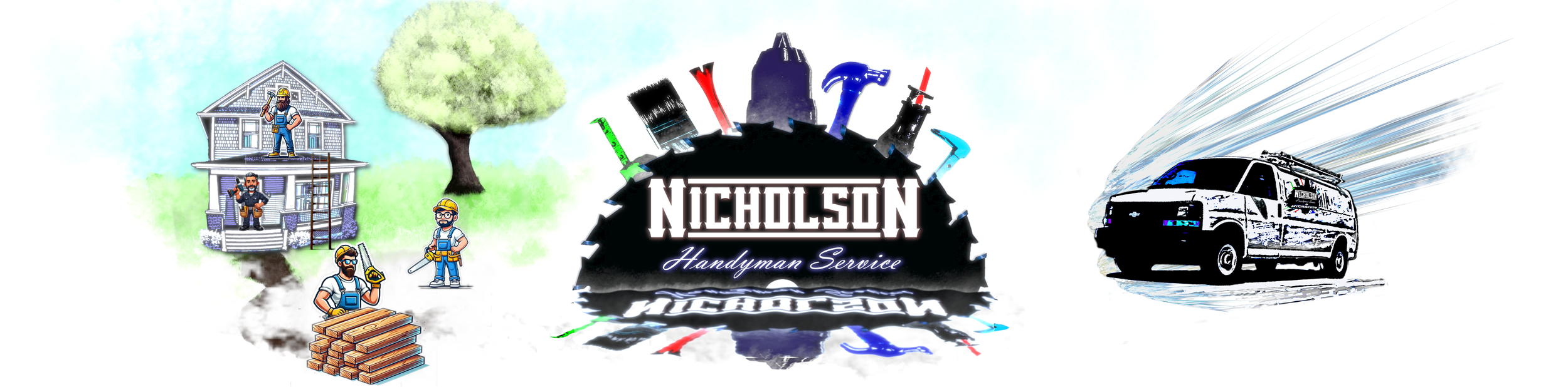 Illustration of handyman services featuring a house with workers, tools, a tree, and a service van, with the text 'Nicholson Handyman Service' in the center.