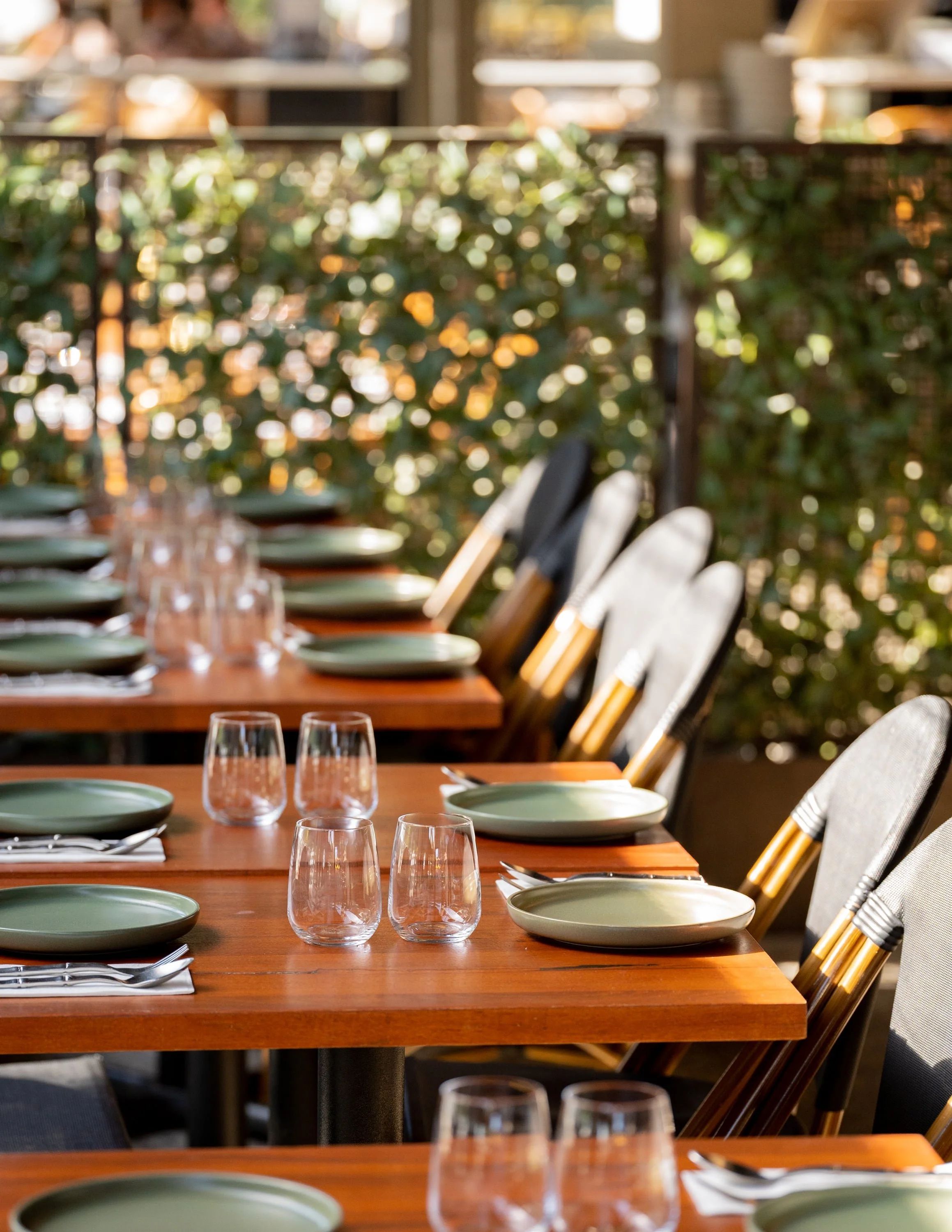 Photo of an outdoor dining setup at Muum Maam, with neatly set tables, green plates and glassware in a relaxed, sunlit garden setting.
