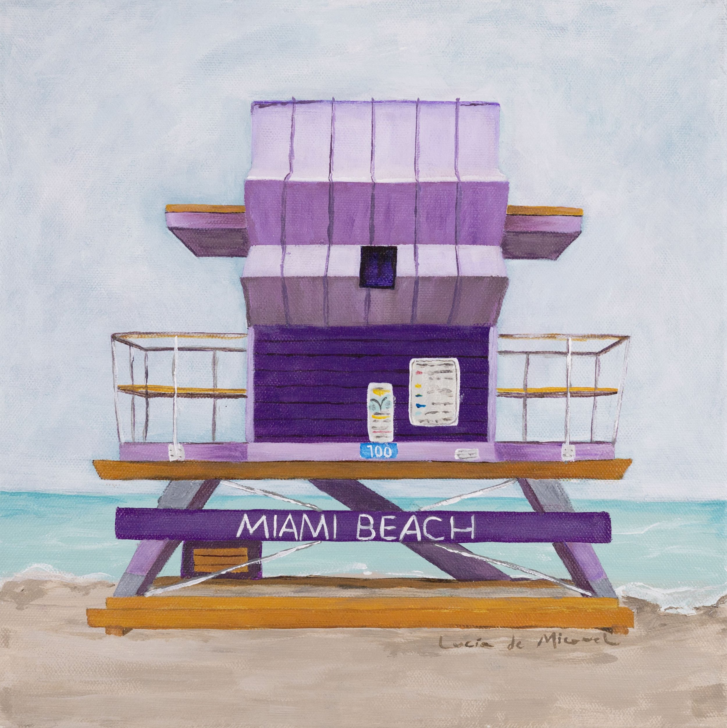 lifeguard tower painting - purple artwork - close up look