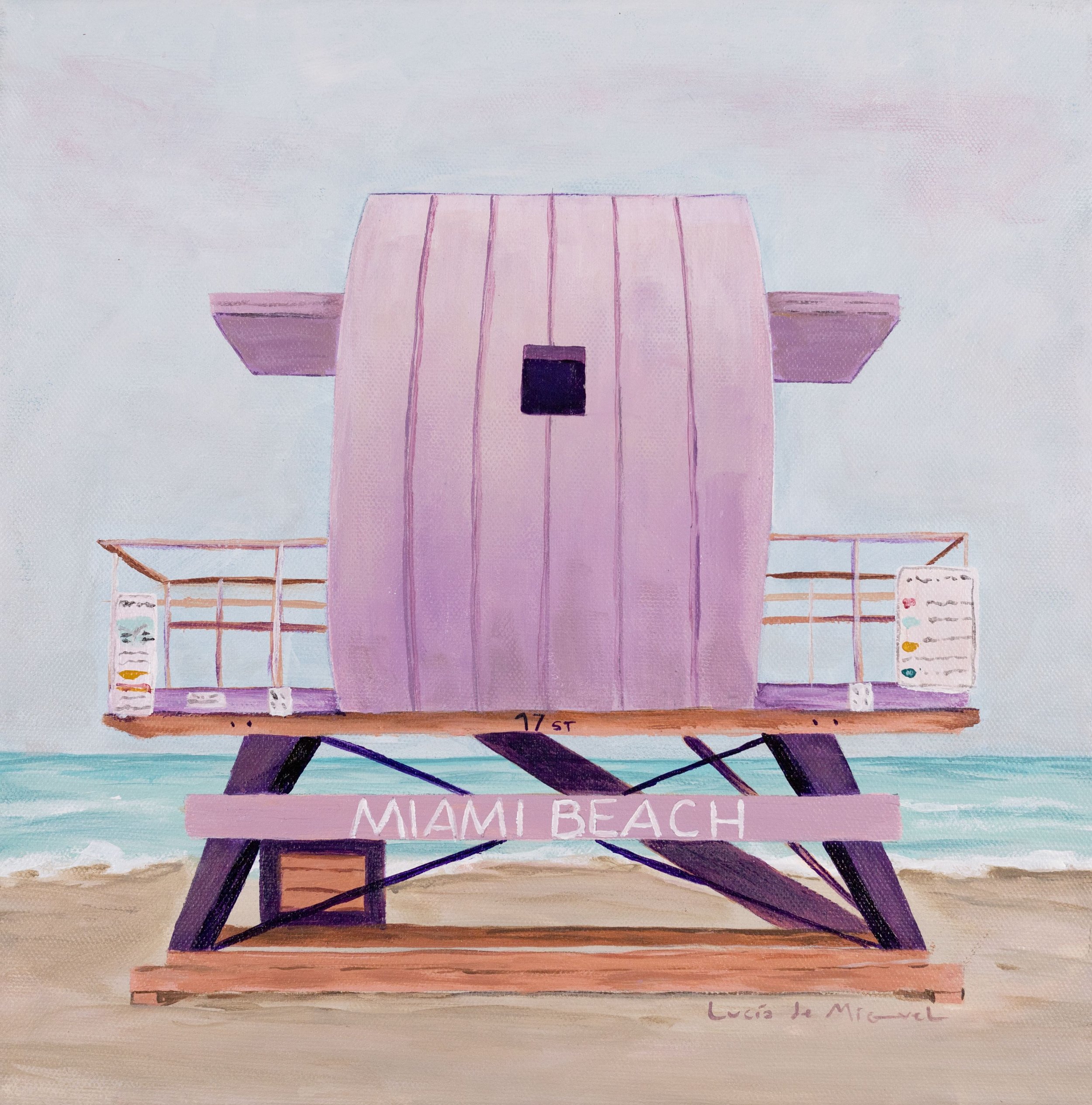 Purple lifeguard tower painting - retro style beach artwork - close up look
