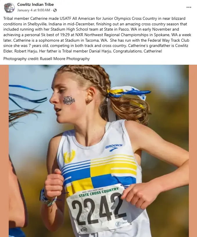 Screenshot of a Facebook post by the Cowlitz Indian Tribe celebrating USATF All-American Catherine Harju. The post text explicitly lists "Photography credit: Russell Moore Photography"