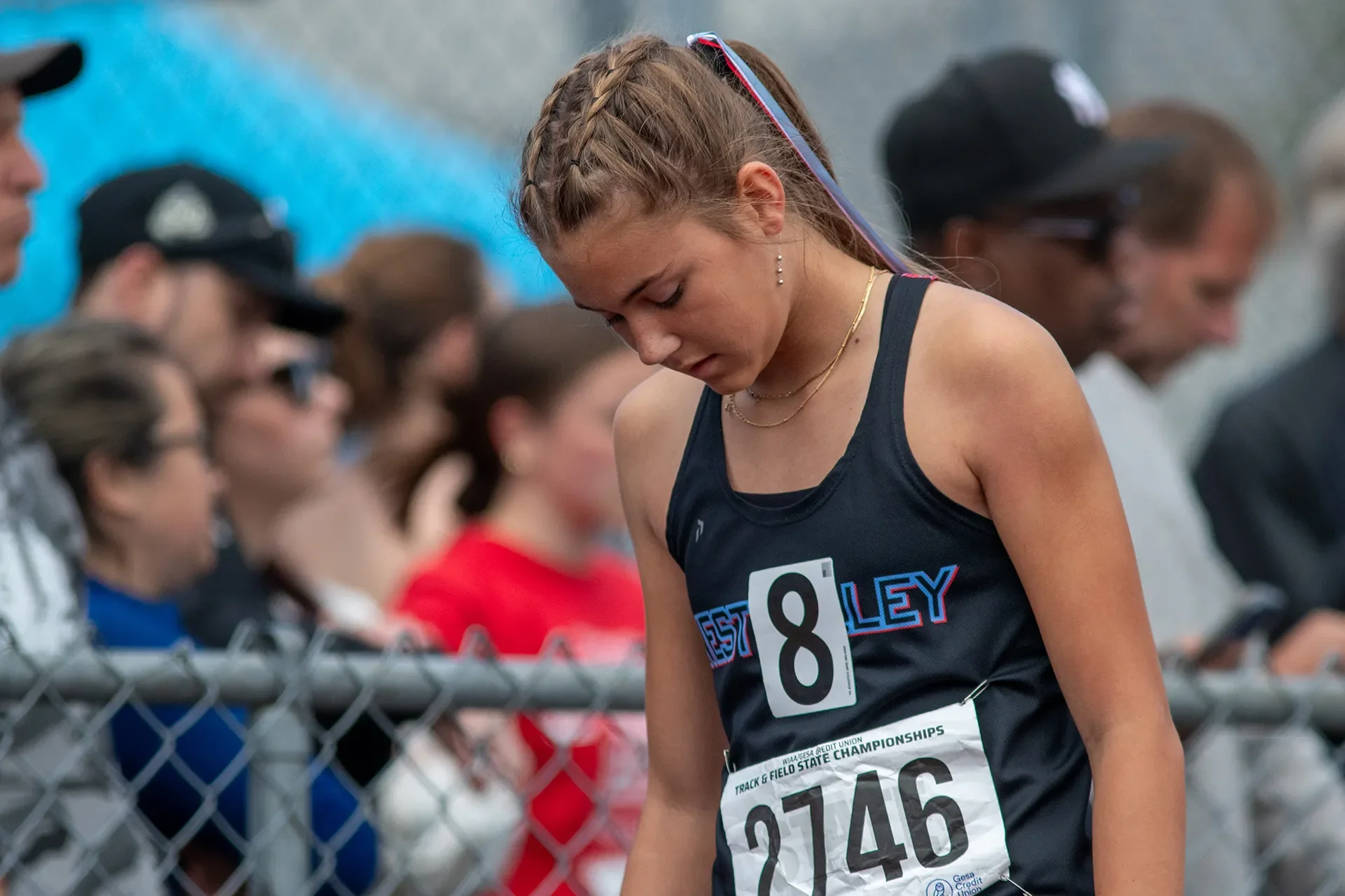 Freshmen runners Callie Orcutt and Jaycee Jenkins competing in the 4A girls 800M race.