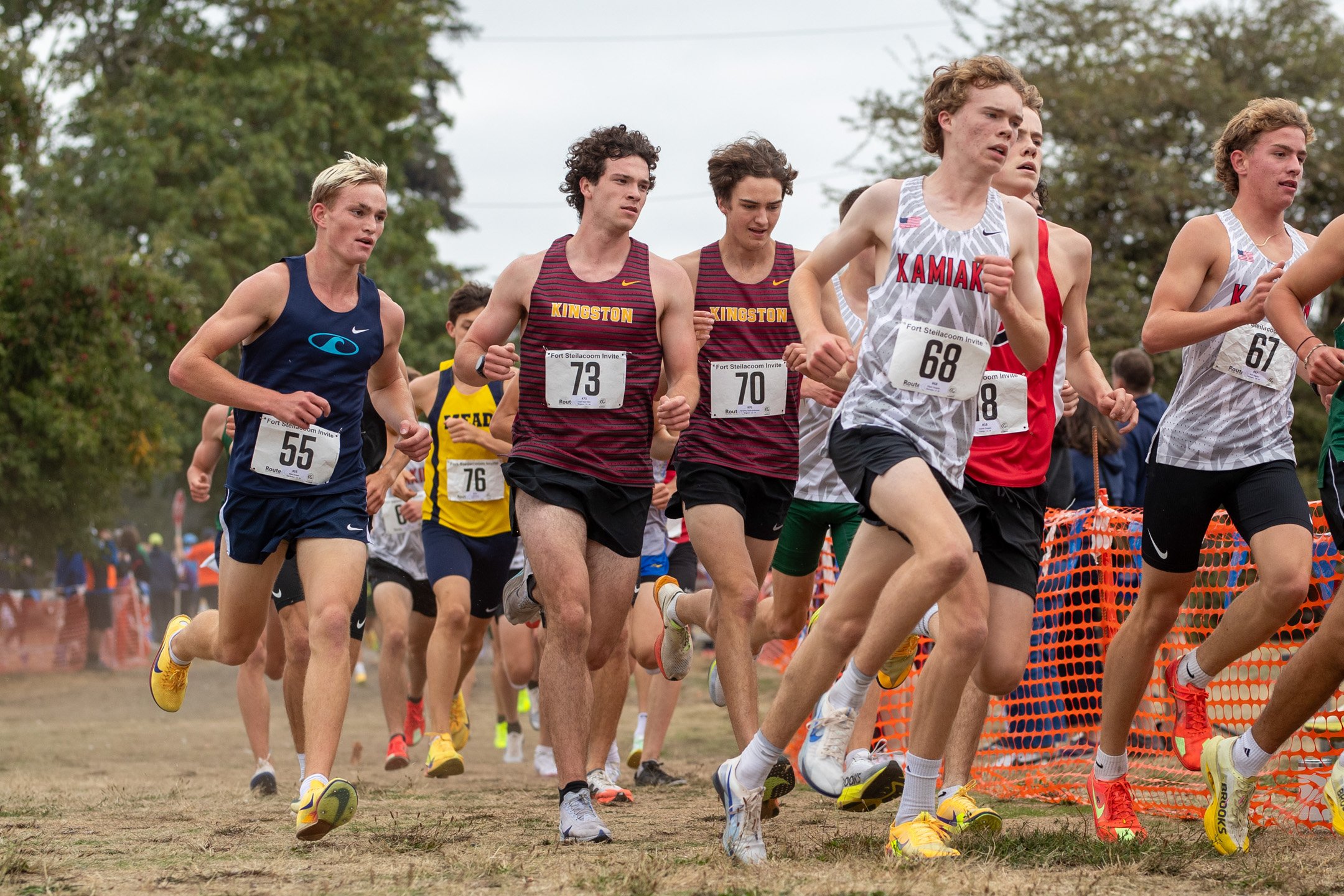 Kingston's Coen Van Vliet and Timothy Clark-Johnston running side by side in the lead pack at the 2026 Fort Steilacoom Invitational