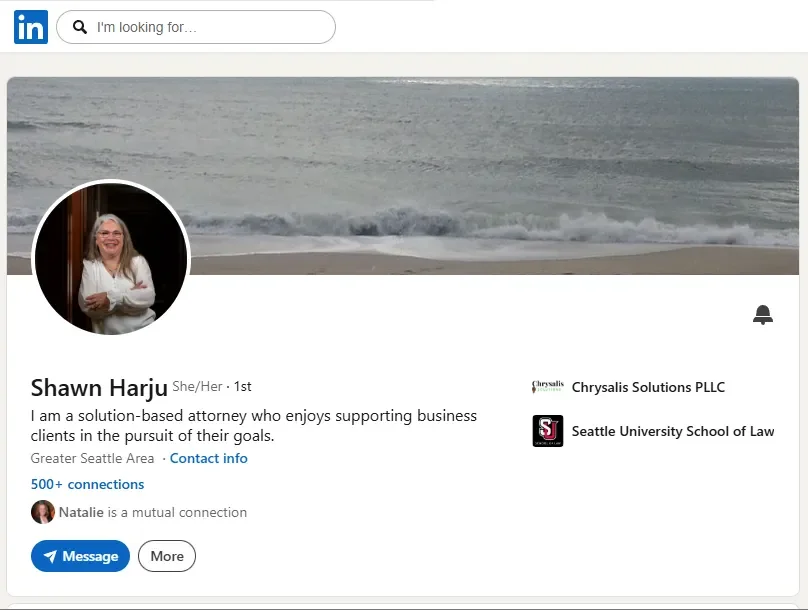 Screenshot of a Seattle attorney's LinkedIn profile featuring a custom professional corporate headshot, demonstrating the ROI of brand photography.