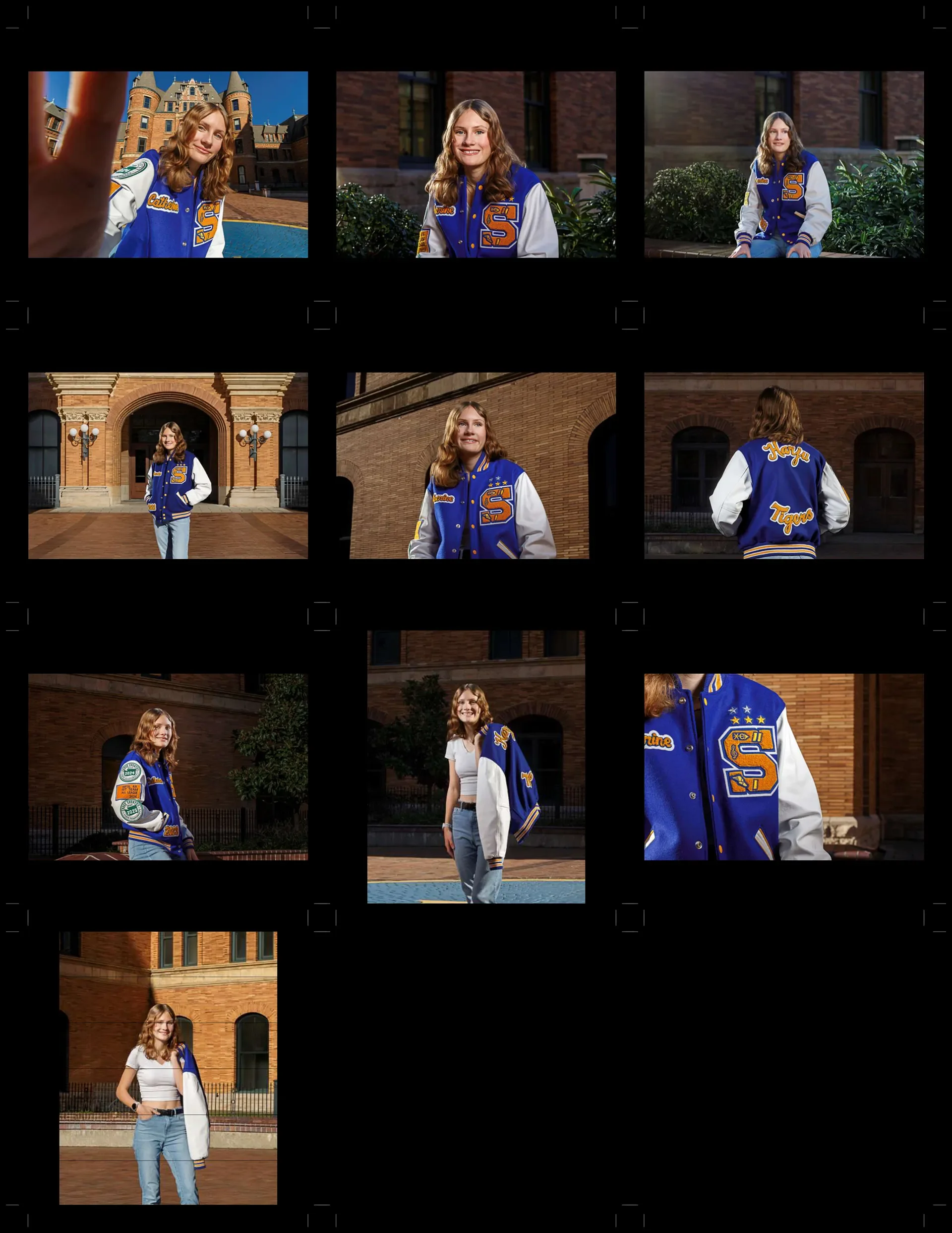 Class of 2027 editorial senior portraits, featuring a customized Harju Tigers letterman jacket. The photos are arranged as a multi-image grid showcasing various poses at Stadium High School in Tacoma, WA, photographed by Russell Moore Photography.