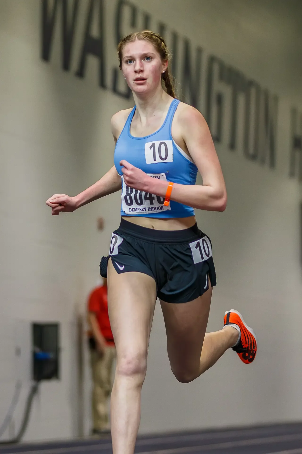 Lejla Carlsson of Gig Harbor High School running on a track. Top contender for the 2026 WIAA 3A 3200m State Championships.