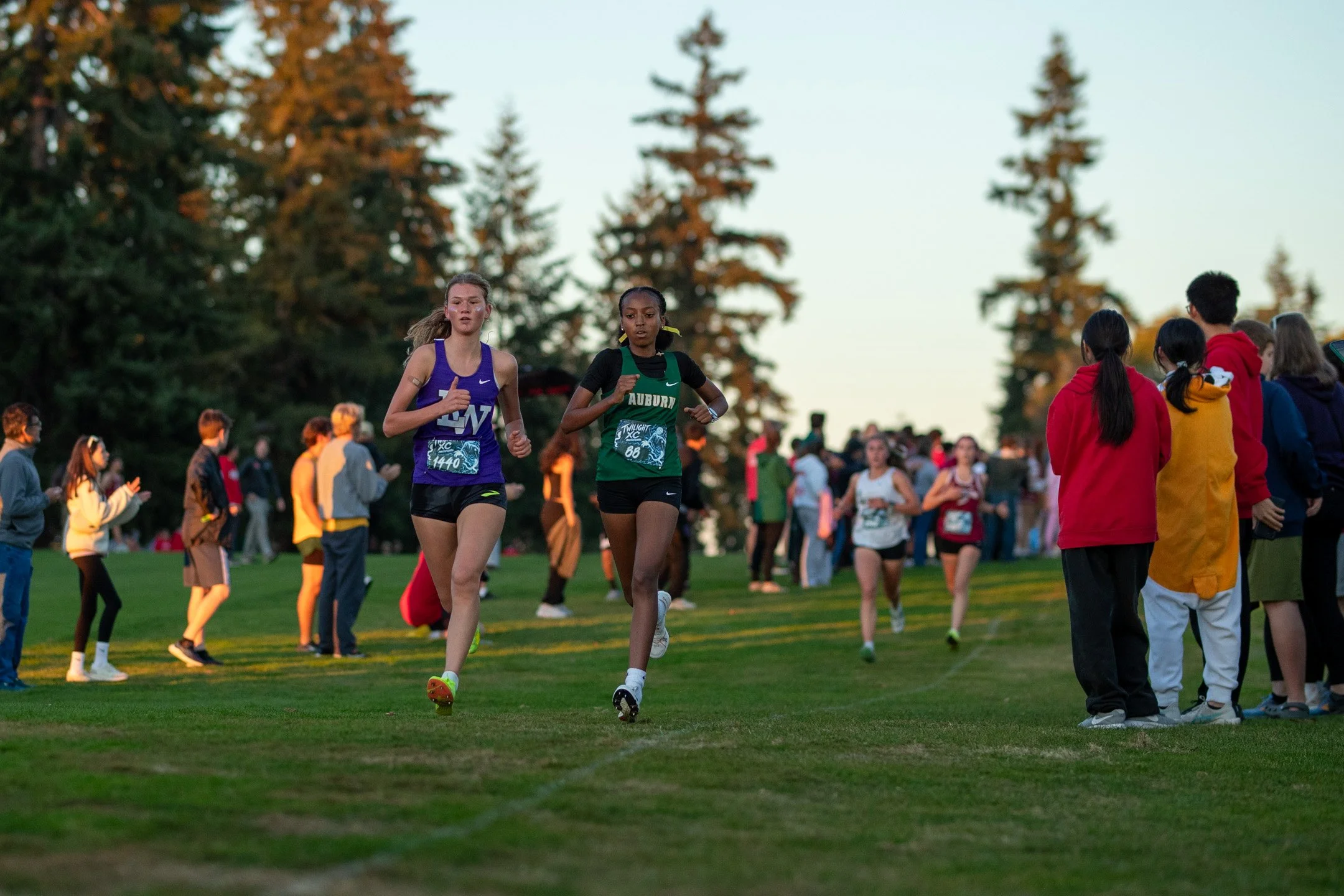 Two high school girls runners—one in a purple Lake Washington singlet and one in a green Auburn singlet—running side-by-side across green grass.