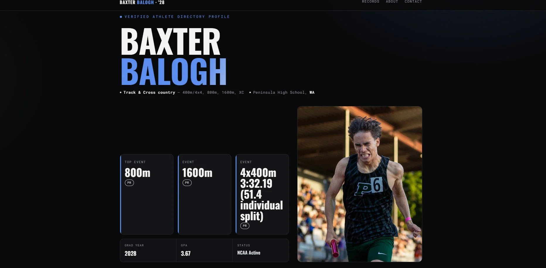 A screenshot of an online athlete recruiting profile card featuring track runner Baxter Balogh.