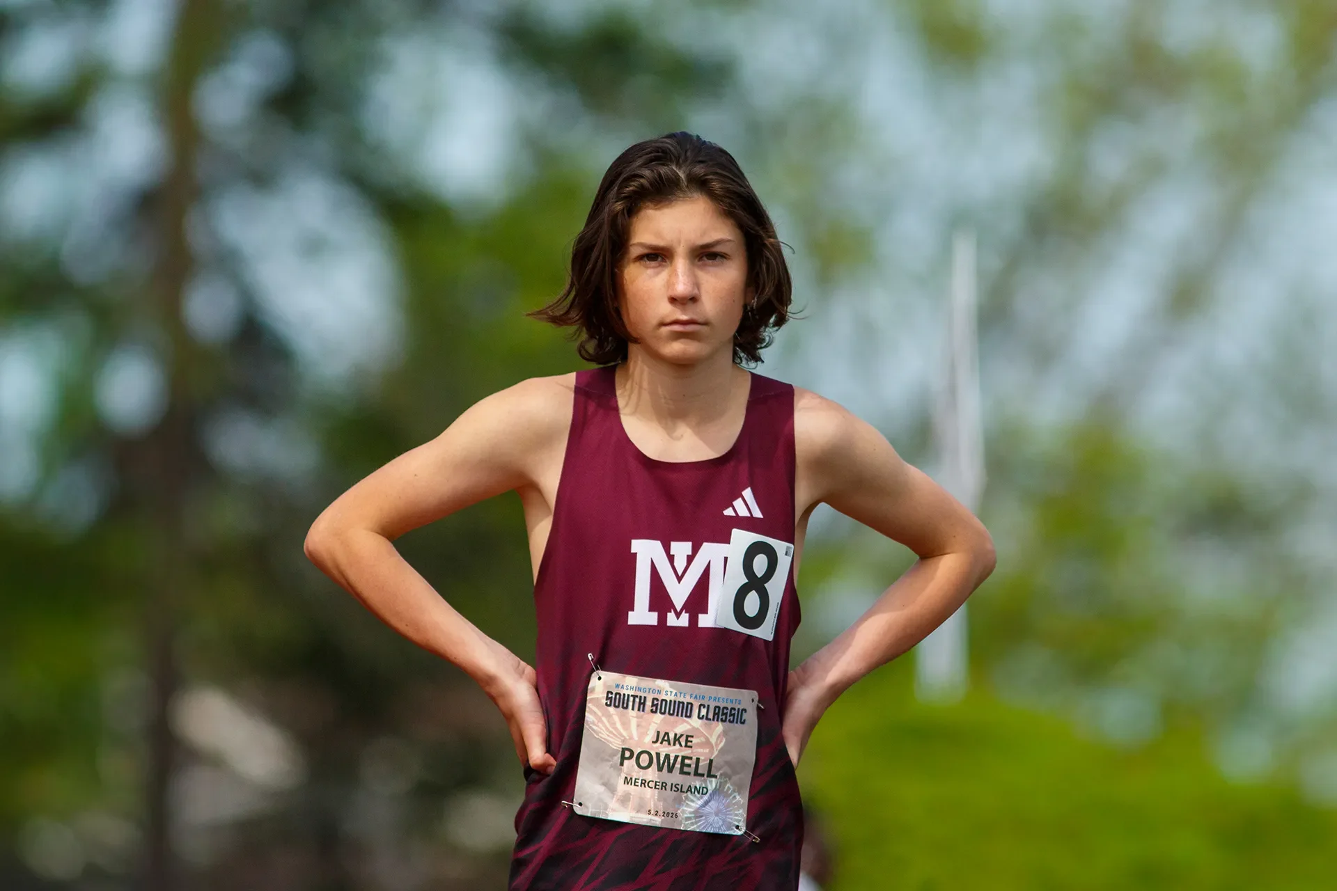 Washington high school distance runner Jake Powell waiting at the starting line for the 1600m event at the South Sound Classic track meet.