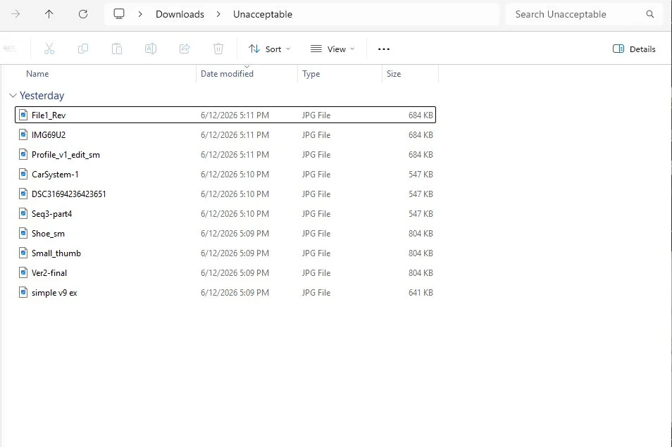 A screenshot of a computer folder displaying a list of unoptimized photography image files with generic names like IMG_8675, demonstrating poor technical SEO practices.