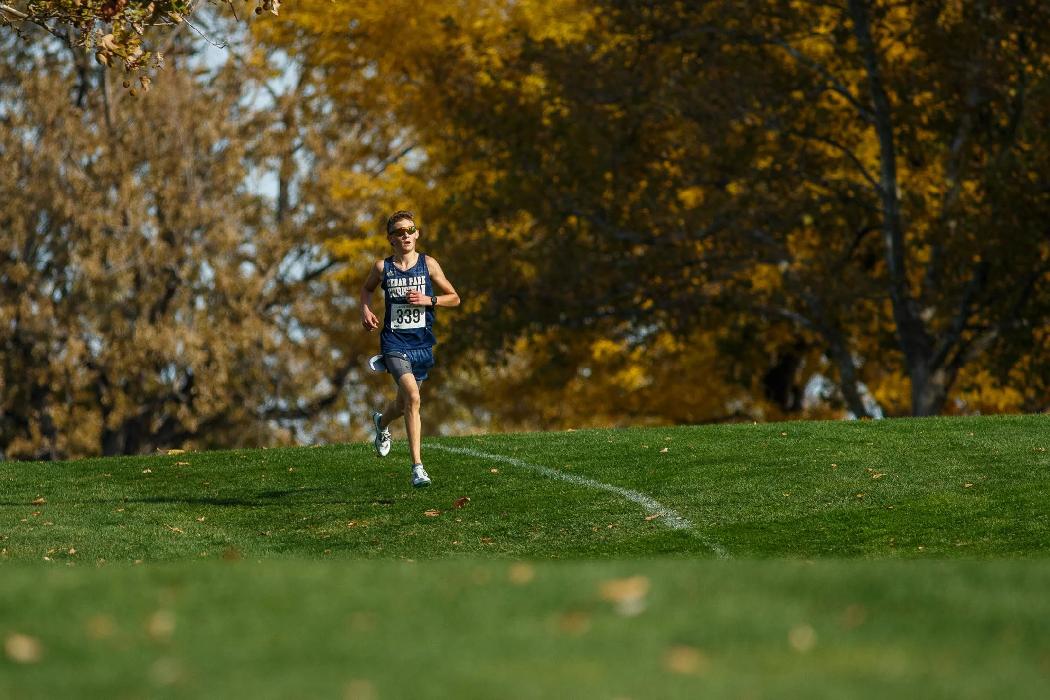High school runner Oliver Zimmerman competing on a hill at the WIAA state cross country meet.