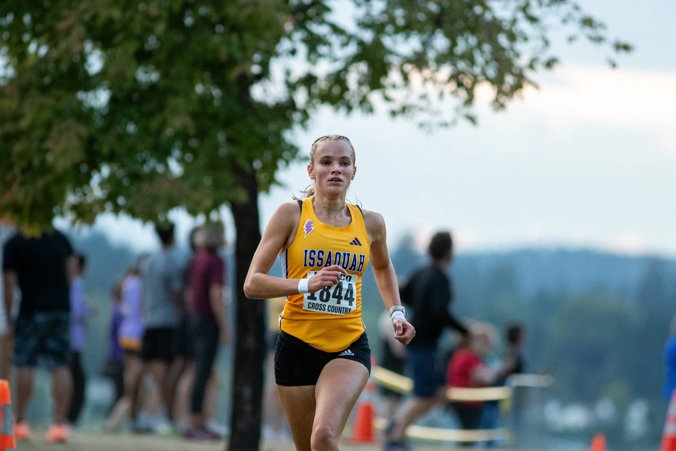 High school girl in a yellow Issaquah singlet, bib 1934, running near trees.