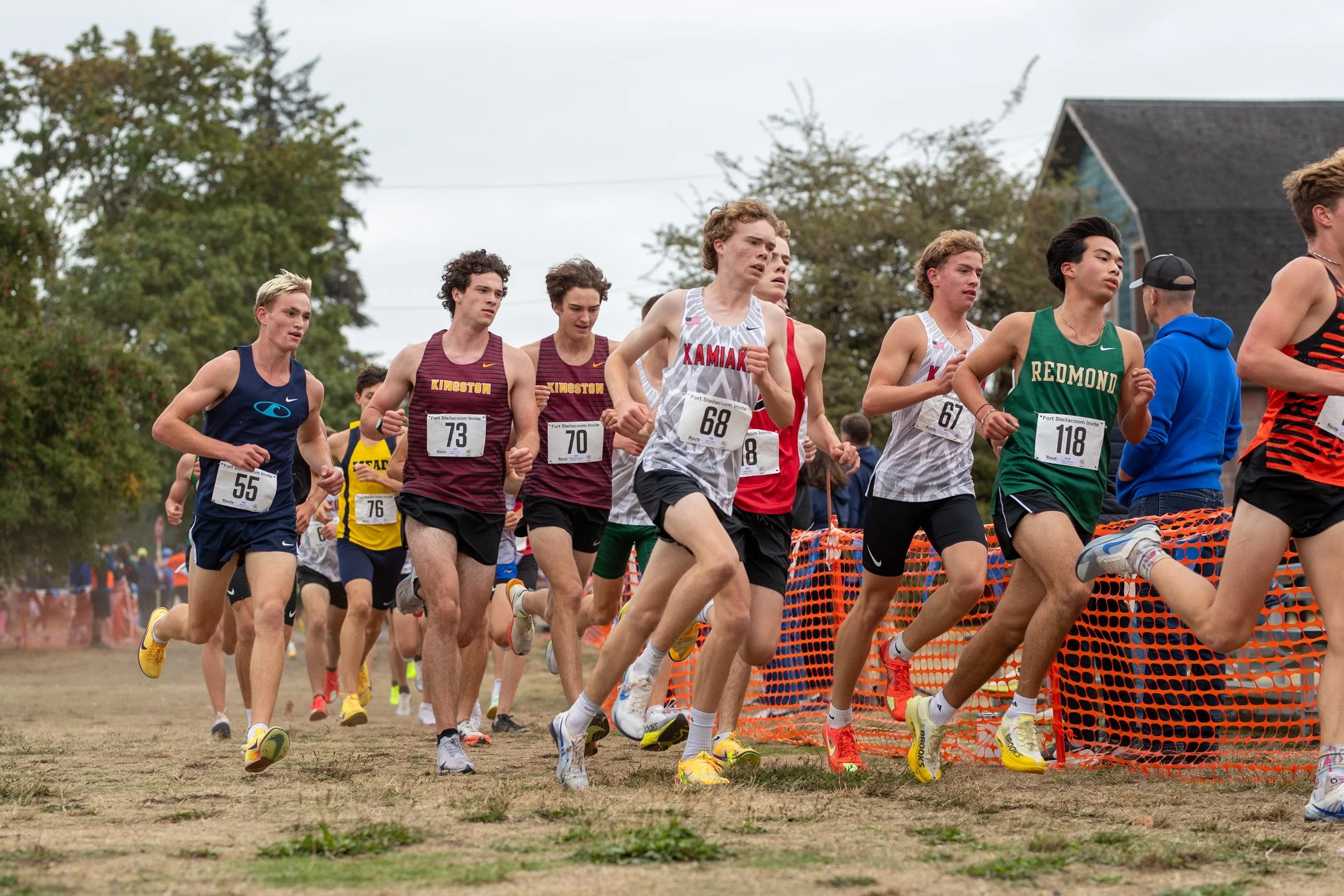 High school athletes competing in a cross country race at the Fort Steilacoom Invitational at Fort Steilacoom Park in Lakewood, Washington.