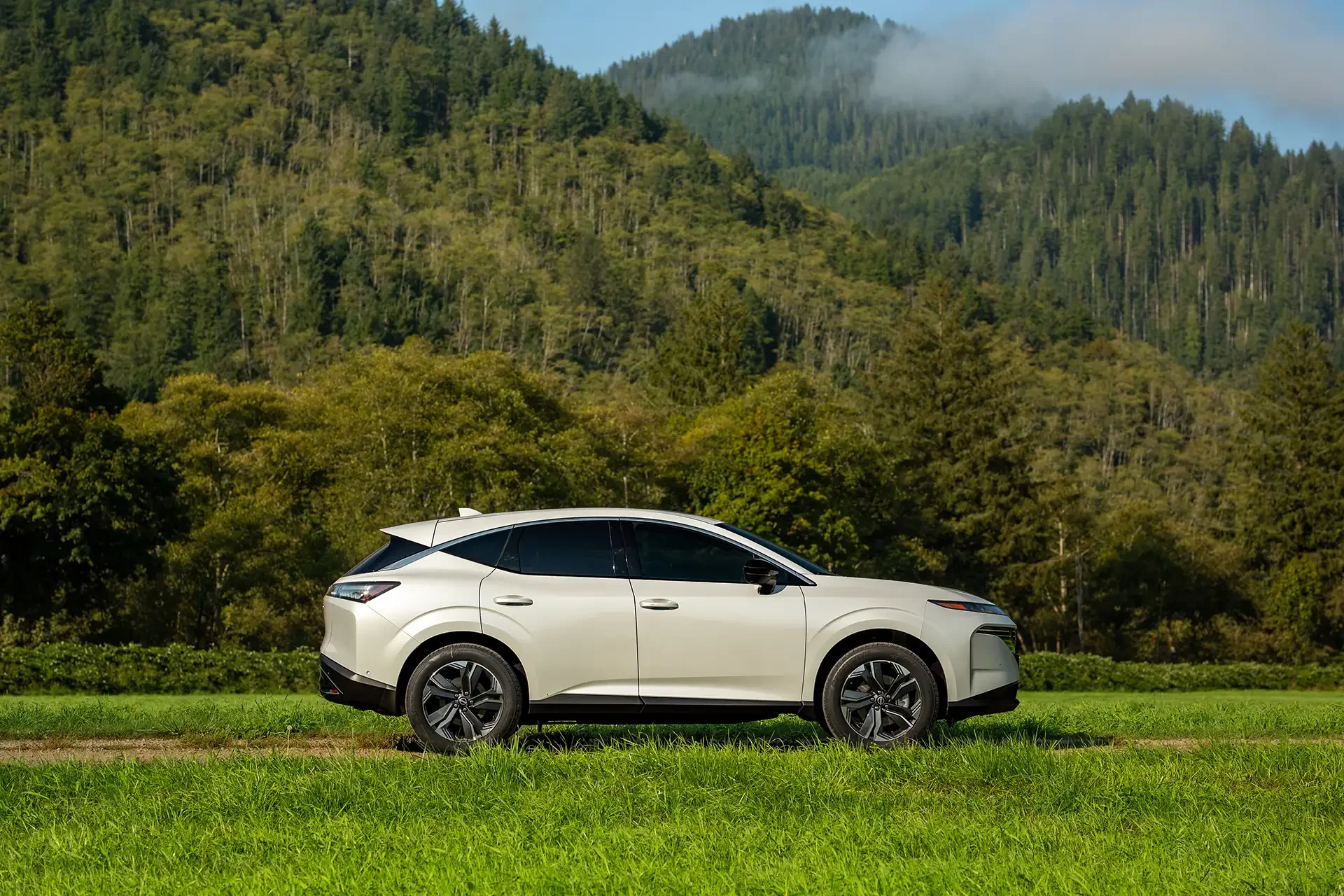 A white Nissan Murano photographed outdoors in Olympia, WA, using commercial lighting to highlight the vehicle's design against a Pacific Northwest nature background. Editorial automotive photography by Russell Moore.