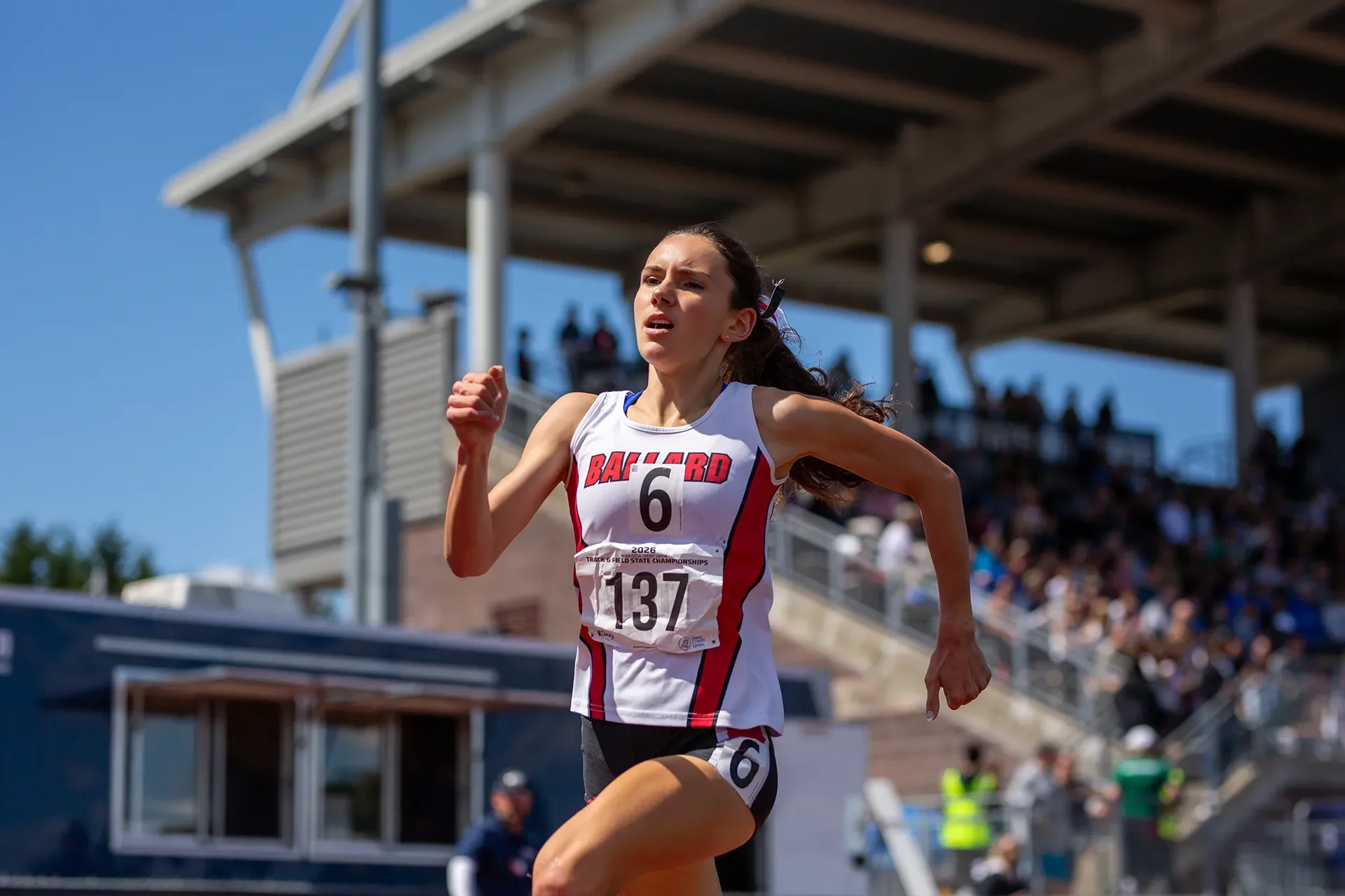 Cassidy Armstrong of Ballard High School finishing with a massive lead to win the 3A girls 3200M state championship.