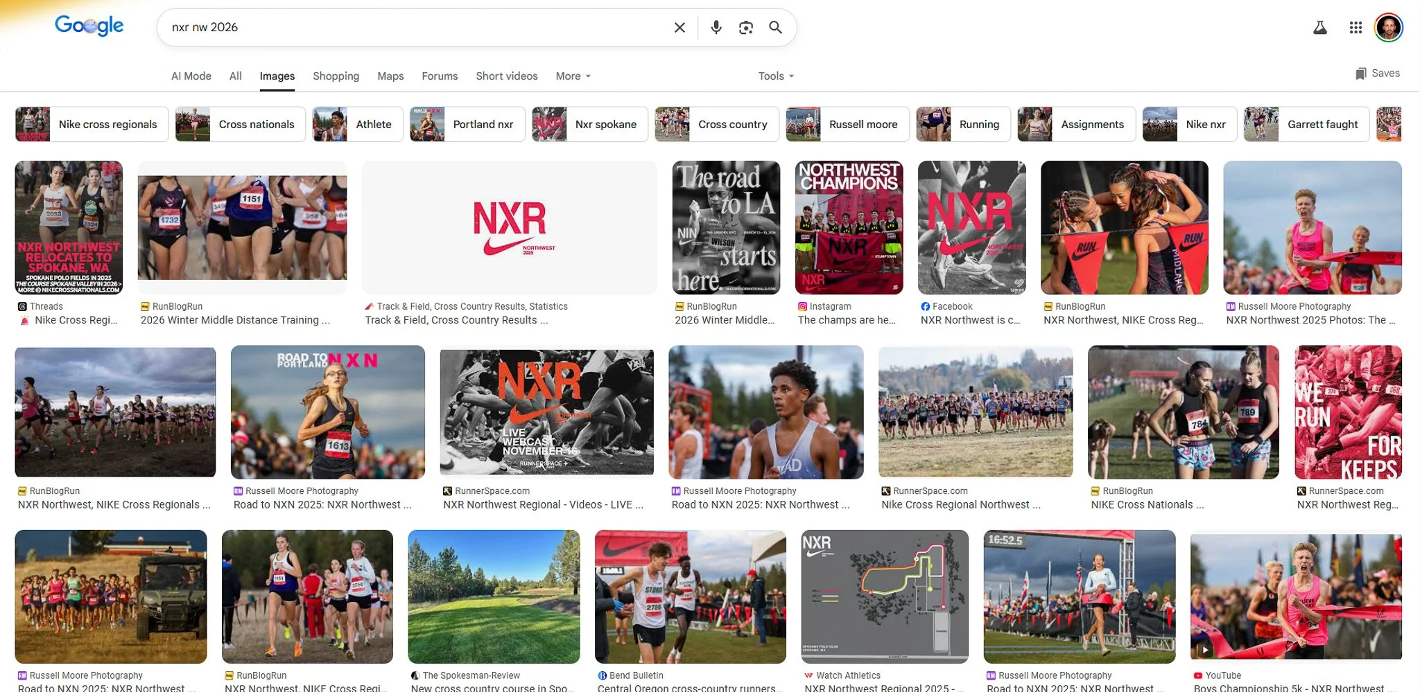 Screenshot of Google search results for NXR NW sports photography by Russell Moore Photography in Olympia, WA.