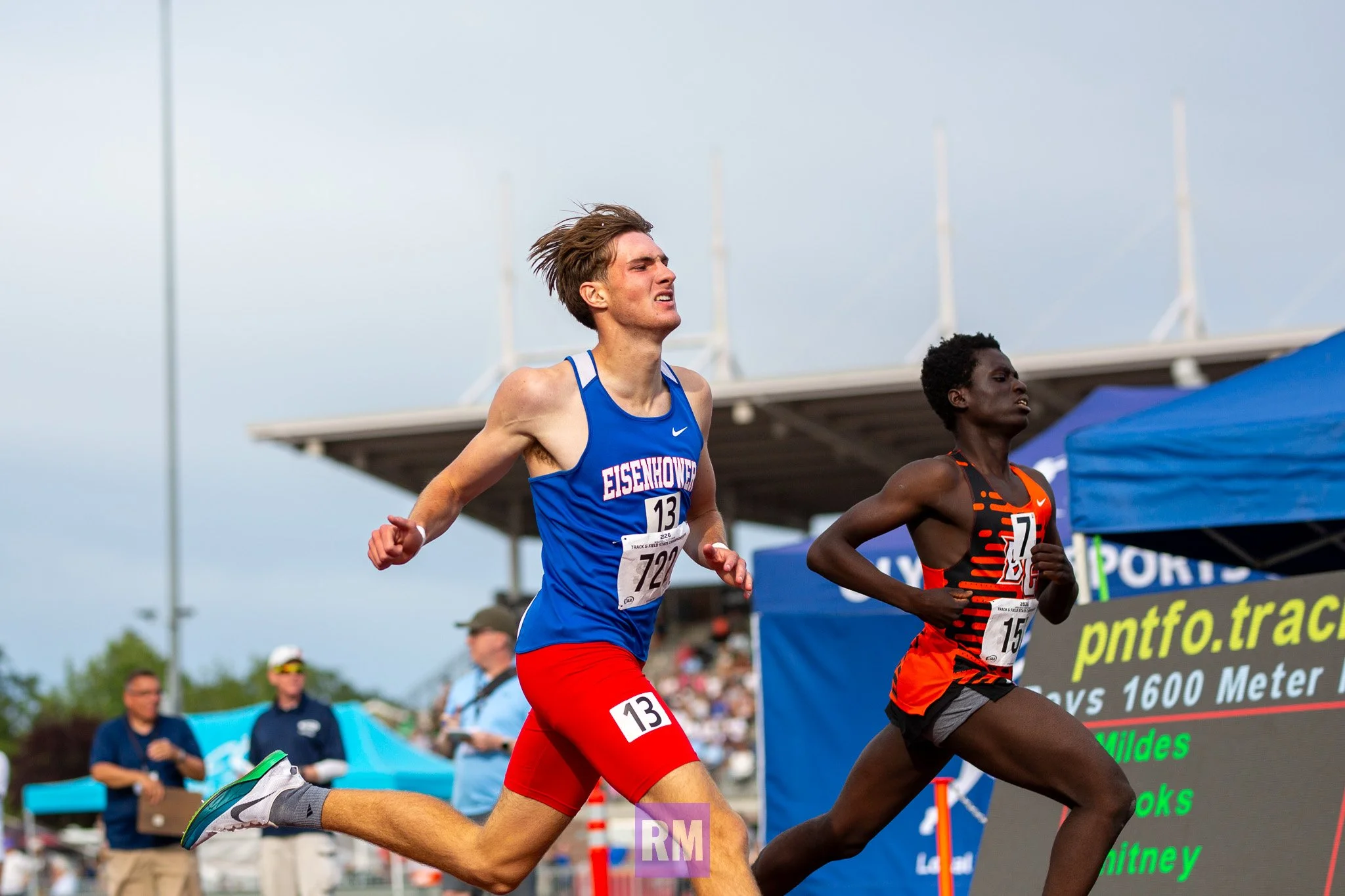 Kian Compton of Eisenhower and Lord King Nana-Badu-Weah of Battle Ground competing at the WIAA state track and field championship.