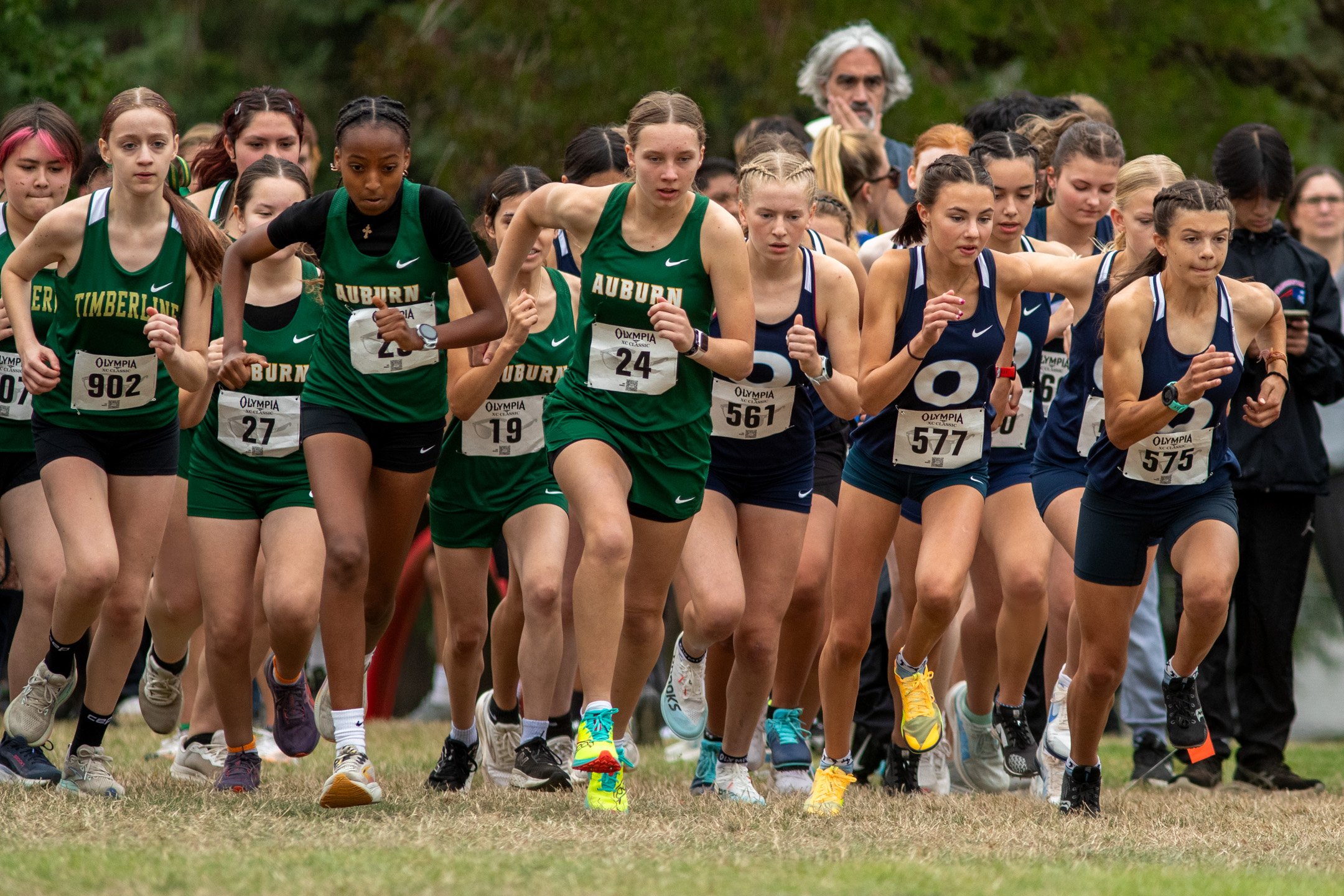 Pack of sophomore girls cross country runners at the start line, Olympia in navy and Auburn in green among the leaders.