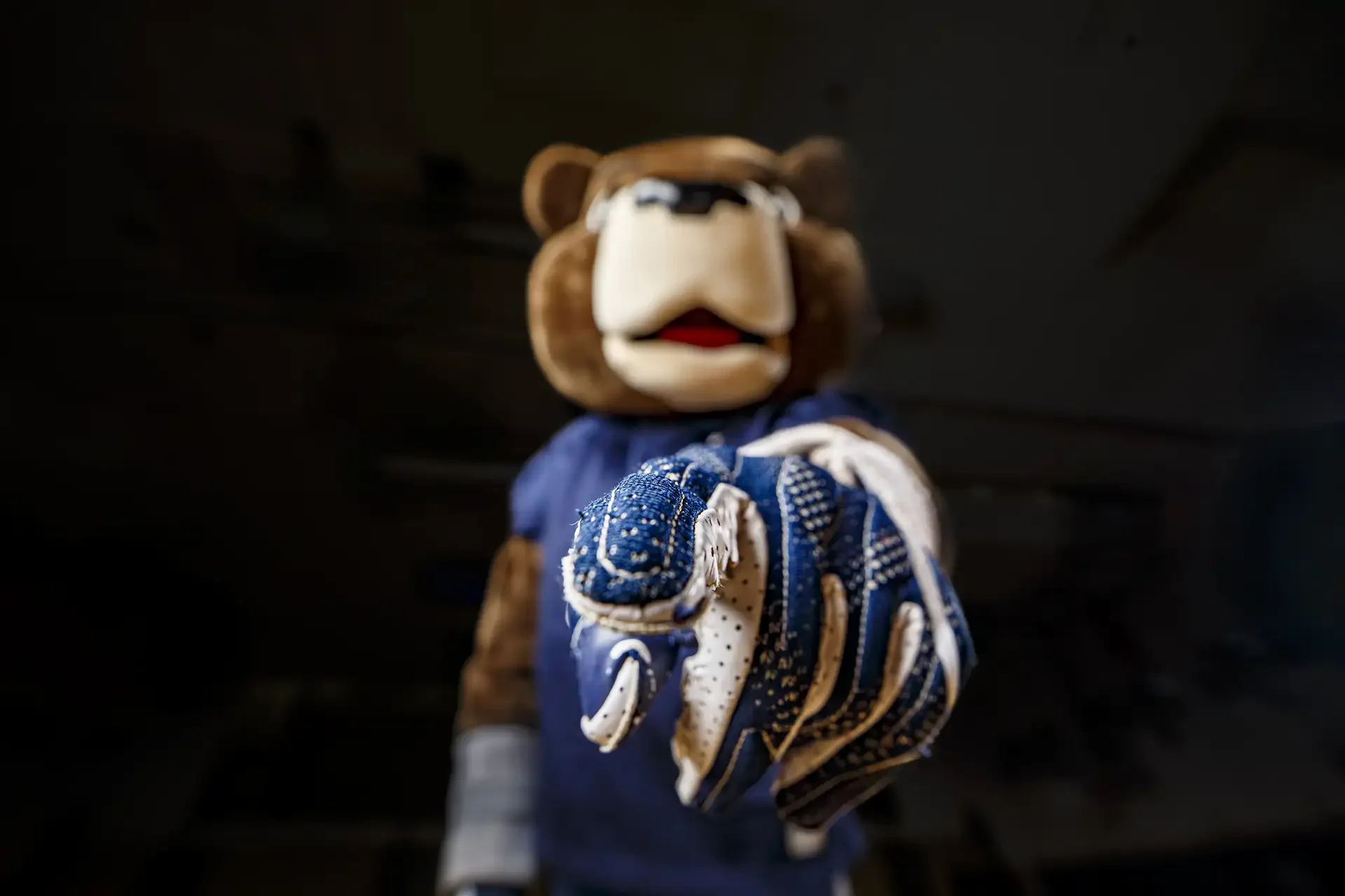 Close-up of Olympia High School mascot Pepper pointing a baseball glove directly at the camera lens, with the face slightly out of focus.