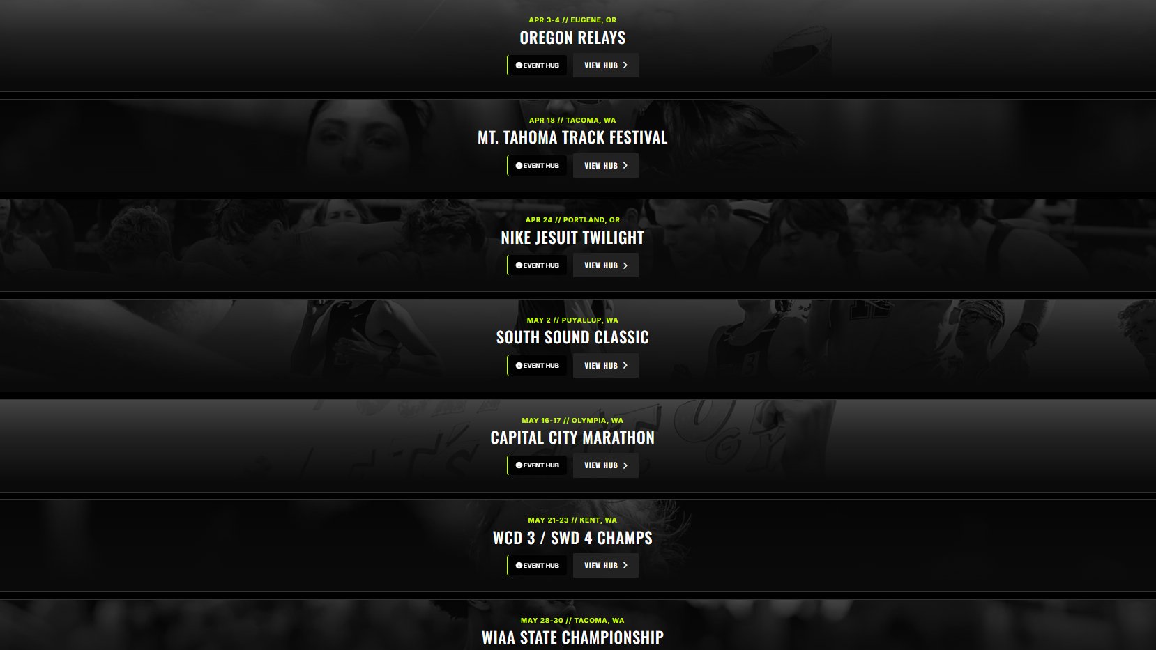 A digital interface showing a list of regional track and field race hubs for events like the Oregon Relays and WIAA State Championship in Olympia, WA, photographed by Russell Moore.