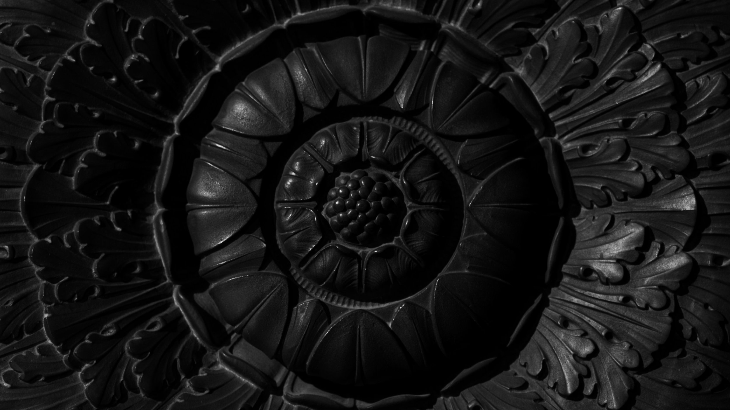 Black and white close-up of an ornate architectural rosette, demonstrating high-contrast commercial lighting and texture detail for a commercial photography portfolio in Olympia, Washington.