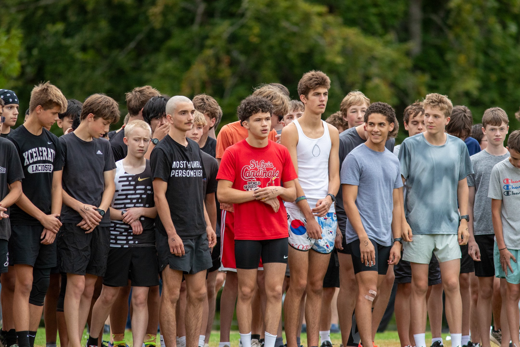 Boys cross country runners lined up at the starting line before the 2026 Olympia Time Trials in Olympia, WA.