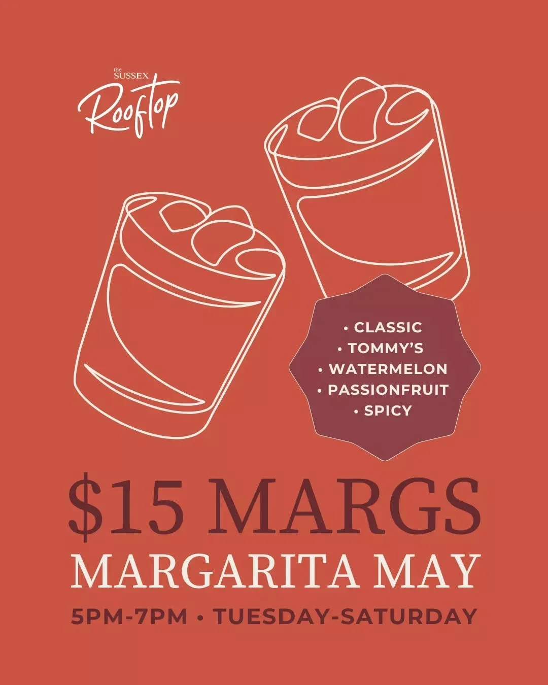 This time next week, your favourite month of the year returns! Margarita May kicks off on the Rooftop, with $15 margaritas at the ready. 

🍸 Classic, Tommy&rsquo;s, Spicy, Watermelon &amp; Passionfruit
⏲ Tuesdays to Saturdays, 5pm-7pm
🌆 Book yourse