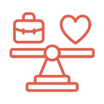 Icon of a balance scale with a briefcase and heart, symbolizing work-life balance.