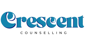 Crescent logo with stylized blue letters and moon designs for BC counselling