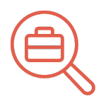 Red magnifying glass icon with a suitcase inside