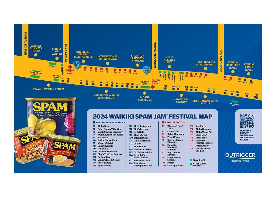 The most handy link to make the most of the Waikiki SPAM JAM today is our map. We are 5 city blocks long!
https://www.spamjamhawaii.com/festival-map