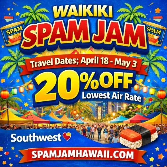 Calling all Neighbor Island friends! ✈️🌺 

Thinking about heading to Oahu for the Waikiki SPAM JAM? Now is the time to book your flight with Southwest Airlines. 

We&rsquo;ve got a massive travel offer for you to join the fun on Kalakaua Avenue. 
Ge